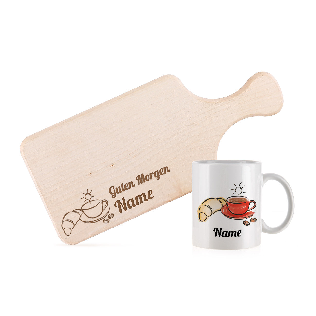 Frühstücksset mit Tasse und Holzbrettchen
