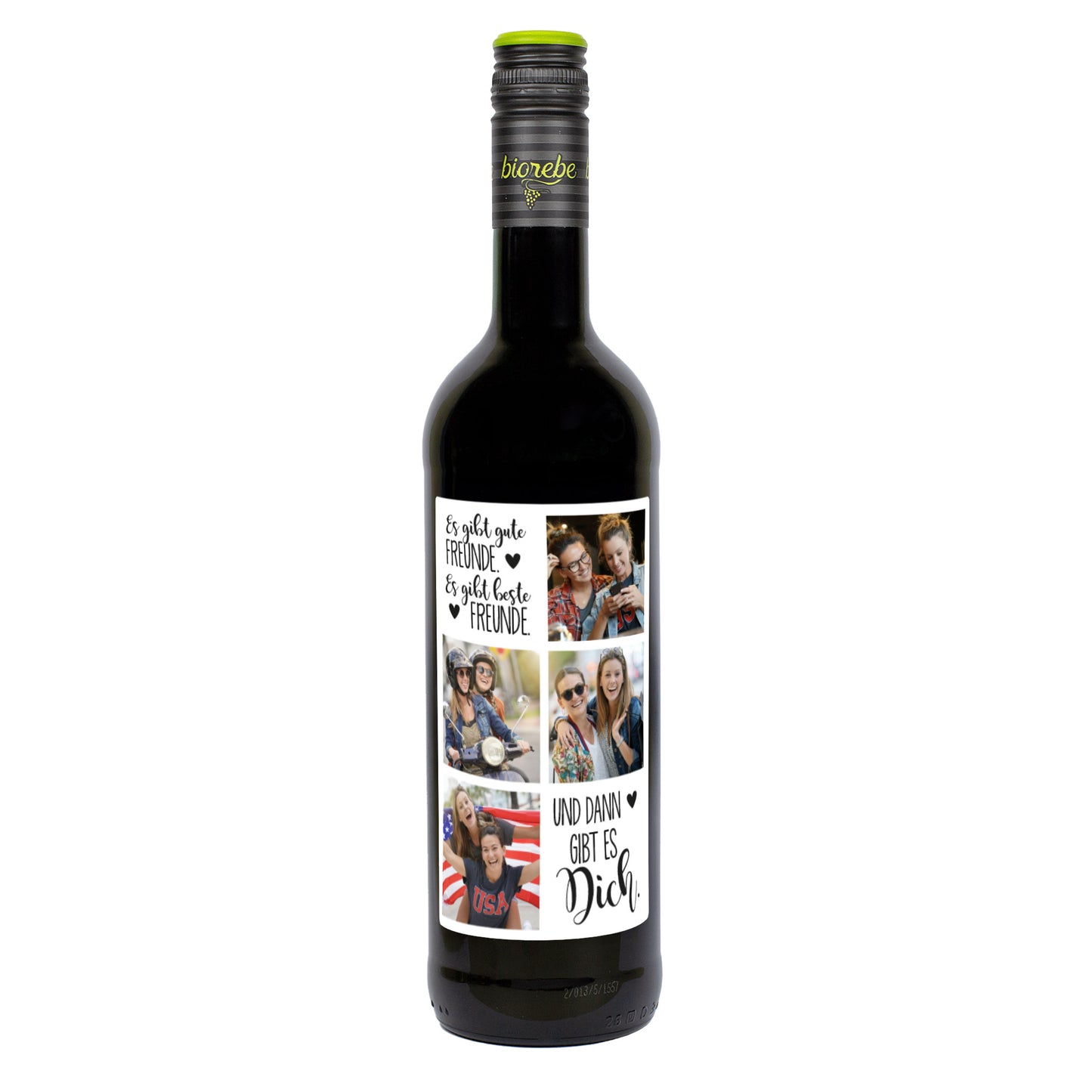 Flasche Rotwein mit personalisiertem Freunde-Motiv „Es gibt gute Freunde, es gibt beste Freunde, und dann gibt es Dich“ und vier Foto-Platzhaltern.
