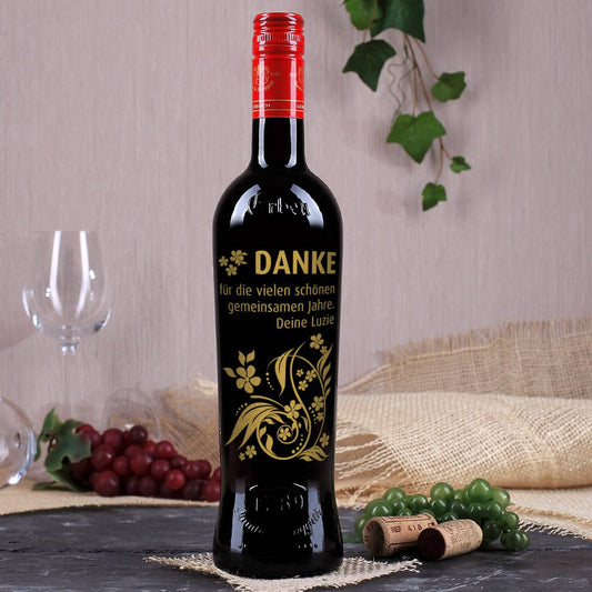 Weinflasche Danke mit floralem Design -in gold