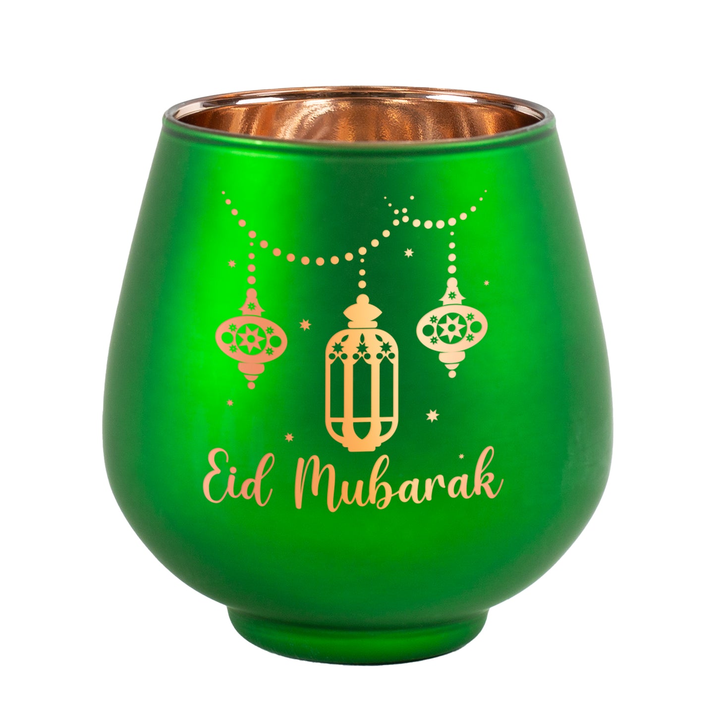 Teelichthalter Eid Mubarak aus Glas in Grün freigestellt