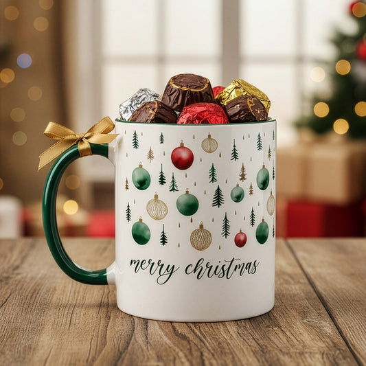 Gefüllte Weihnachtstasse mit Schokoladenpralinen, goldener Schleife am Henkel und festlicher Raumdekoration im Hintergrund.
