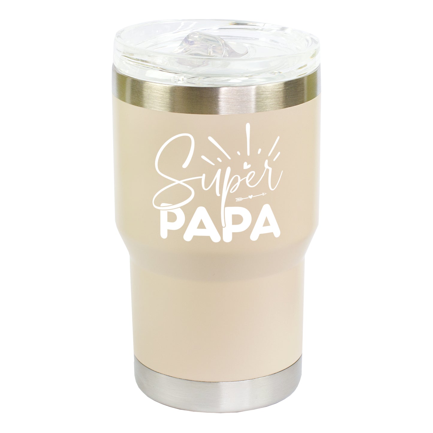 Beiger Thermobecher mit Super Papa Motiv freigestellt auf hellem Hintergrund