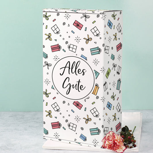 Geschenkbox „Alles Gute“ in Groß auf mintfarbenem Hintergrund mit Blume