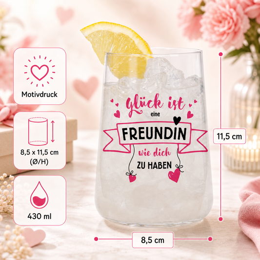 Produktinfografik zum Trinkglas mit Motivdruck, 430 ml Fassungsvolumen und Maßen 8,5 x 11,5 cm