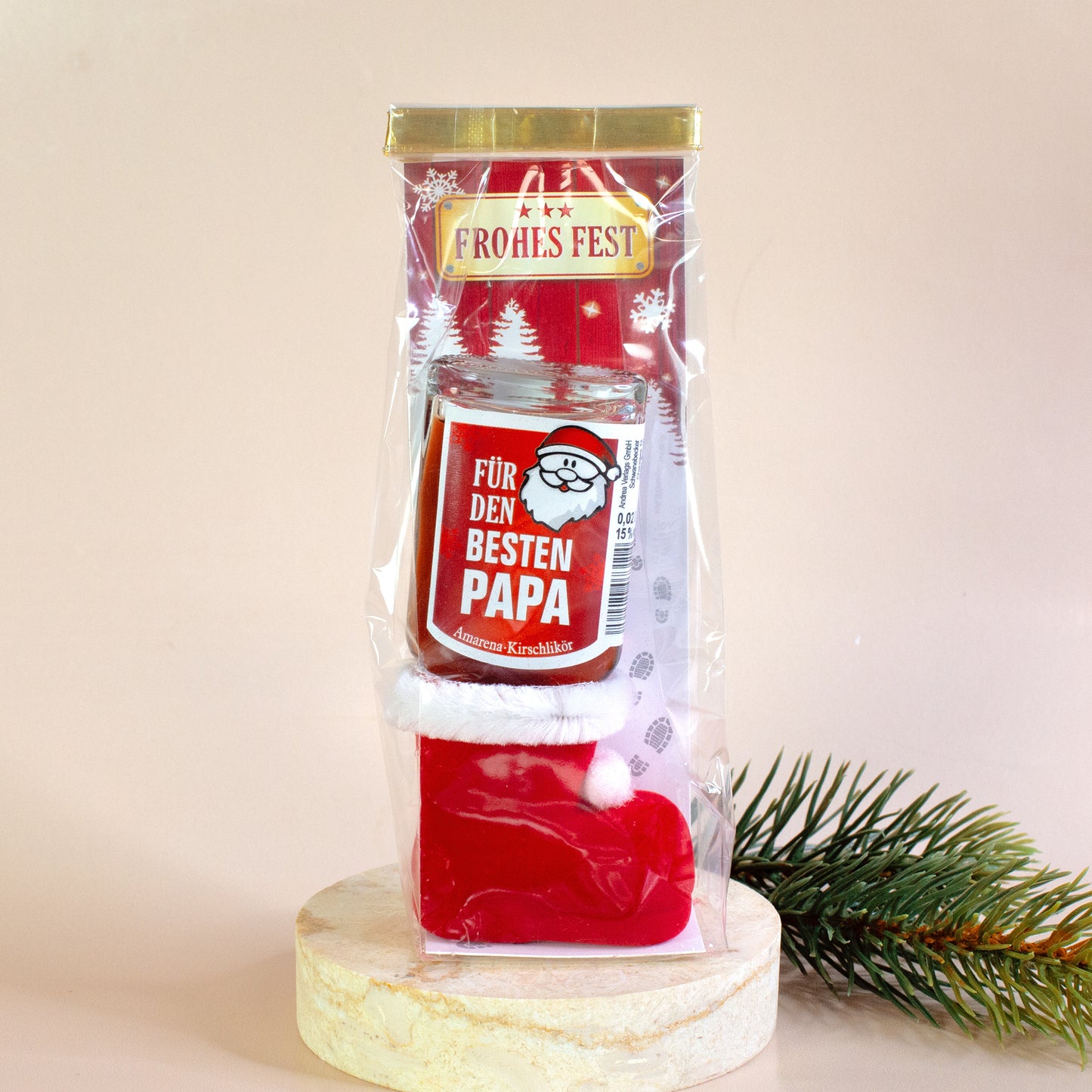 Weihnachtslikör „Für den besten Papa“ im roten Stiefel mit „Frohes Fest“-Design