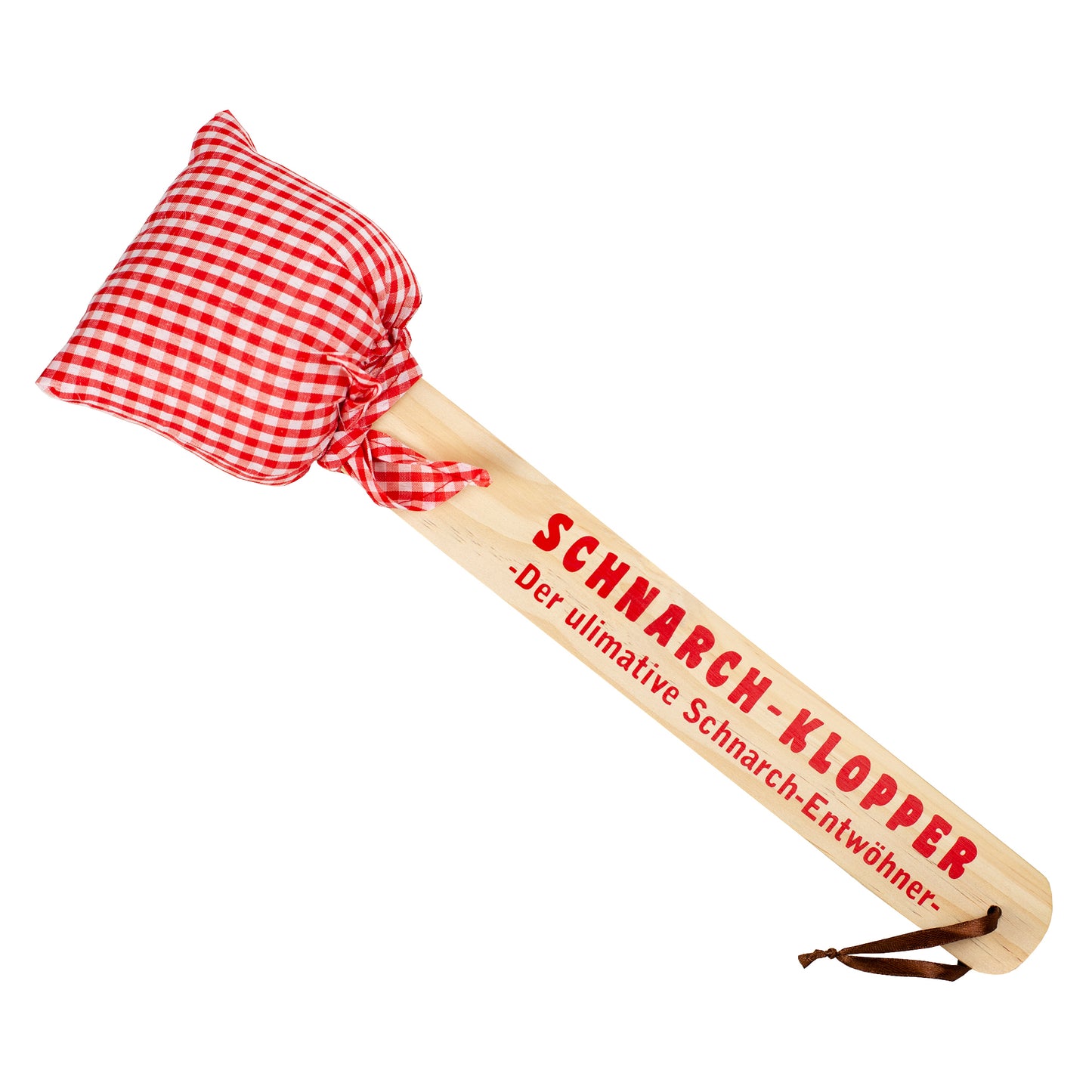 Freigestellter Schnarch-Klopper auf weißem Hintergrund, vollständige Ansicht von Holzgriff, Aufdruck und Kissen