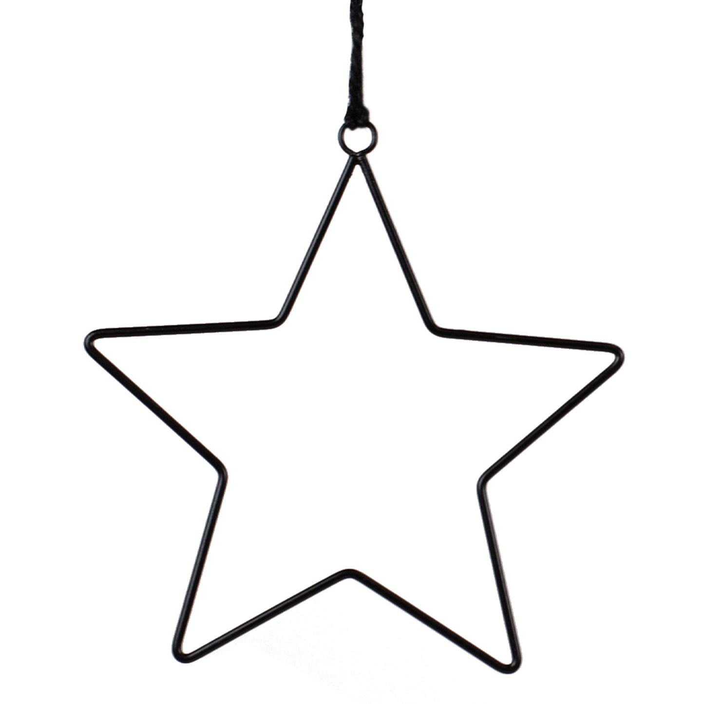 Einzelner schwarzer Metallstern mit Aufhängeschnur vor weißem Hintergrund. Der Stern ist aus filigranem, stabilem Metall gefertigt.