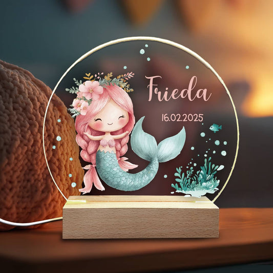 Personalisierte Kinder-Nachtlampe - Meerjungfrau mit Blumen - LED Licht für Mädchen