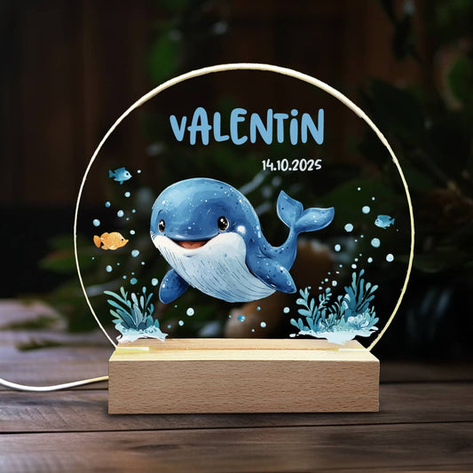LED Nachtlicht mit Wal, Name & Datum, Babygeschenk, Taufgeschenk
