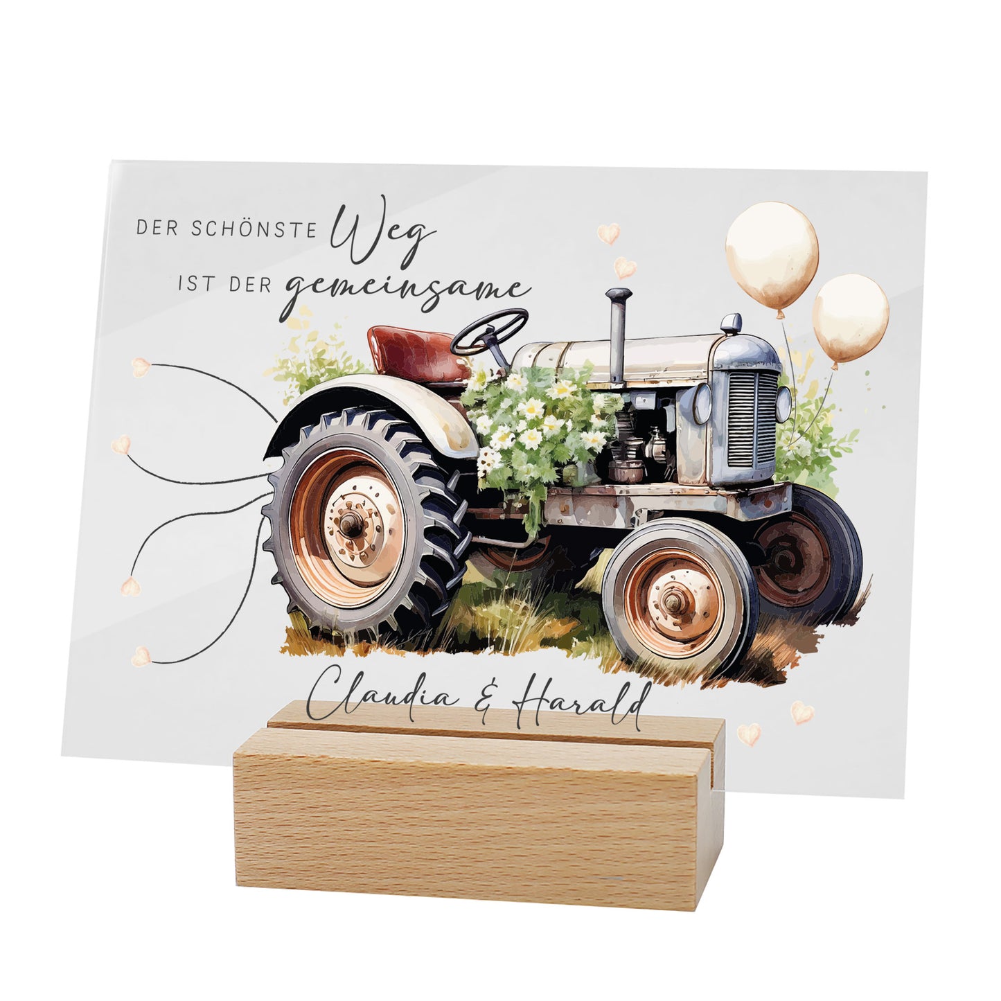 Personalisierbares Acrylschild mit Retrotraktor und Blumenmotiv zur Hochzeit