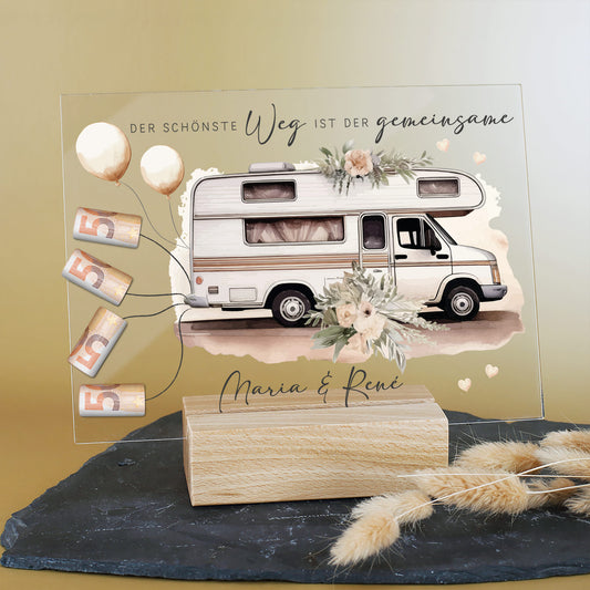 Acrylschild mit Wohnmobil & Blumenmotiv inkl. Wunschnamen zur Hochzeit