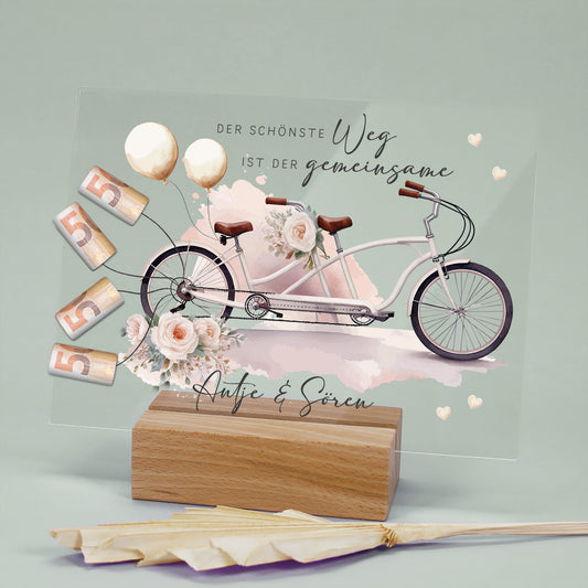 Acrylschild mit Tandem & Blumenmotiv inkl. Wunschnamen zur Hochzeit