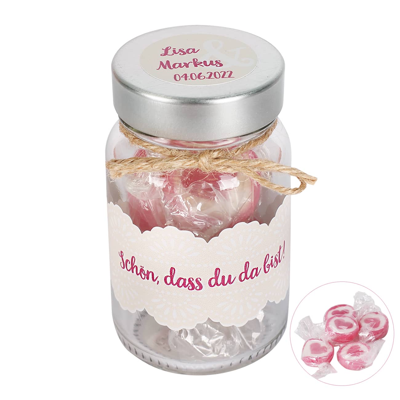Schön, dass du da bist! Glas mit Bonbons als Gastgeschenk zur Hochzeit