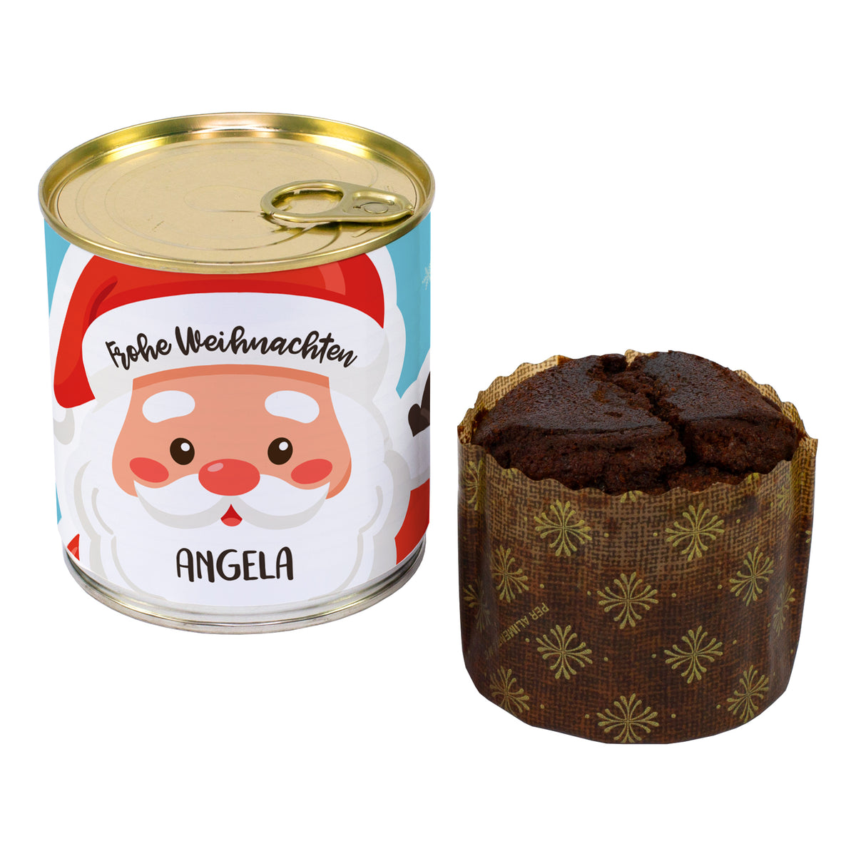 Freigestellter personalisierter Dosenkuchen mit Weihnachtsmann-Motiv und 140 g Schokoladen-Brownie neben der Dose