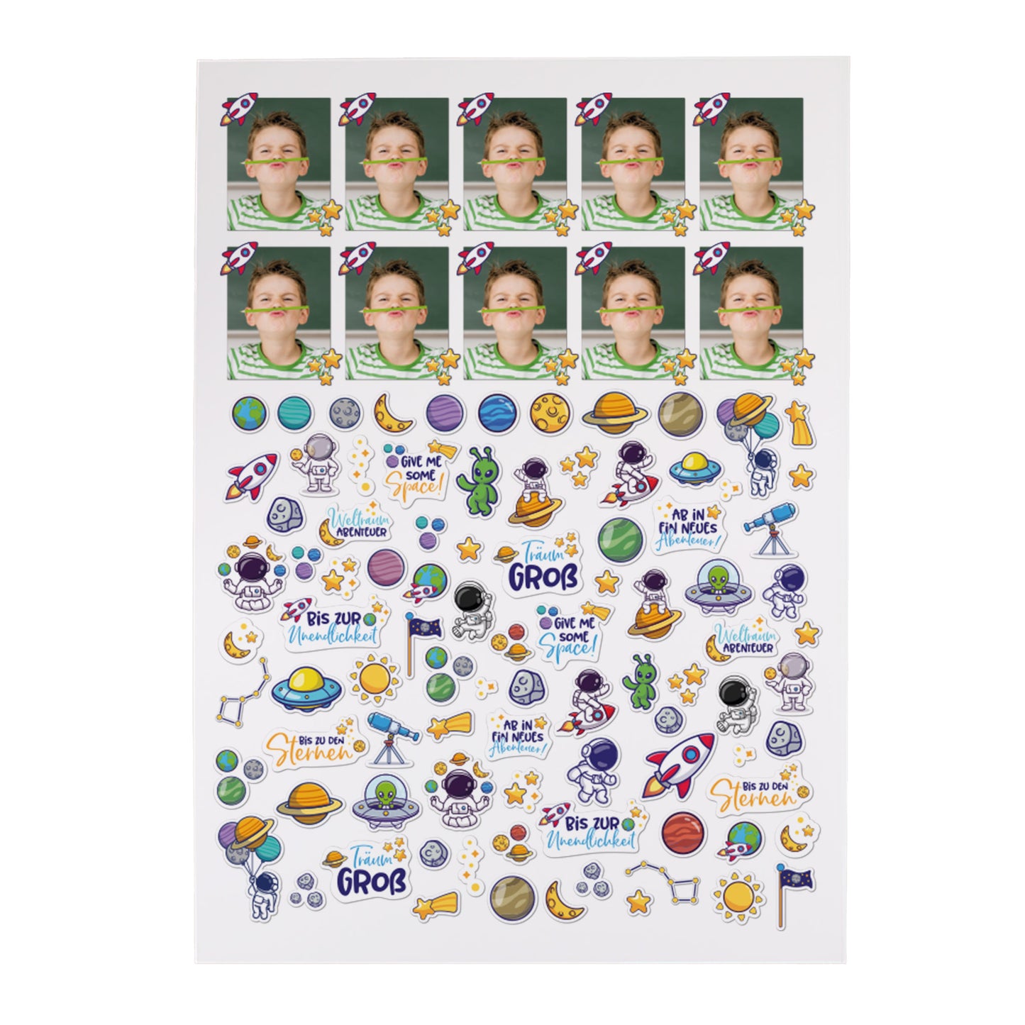 Weißer Hintergrund mit Stickerbogen und 10 Fotos, Motive aus dem All
