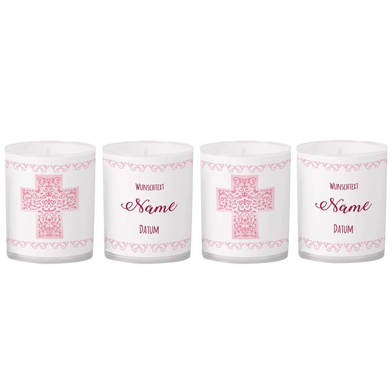 Echtwachskerzen samt Banderole mit Kreuz und persönlichen Daten