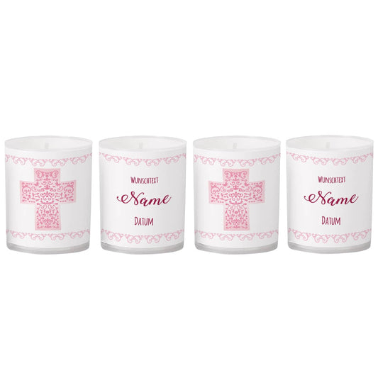 Echtwachskerzen samt Banderole mit Kreuz und persönlichen Daten