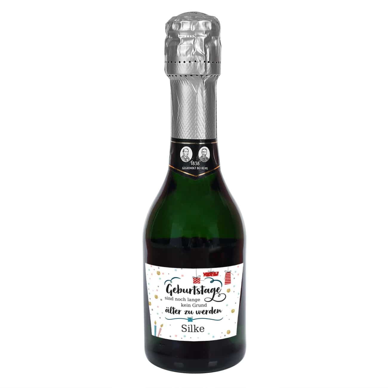 Kleiner Sekt 0,2l zum Geburtstag mit Konfetti Motiv und Name bedruckt