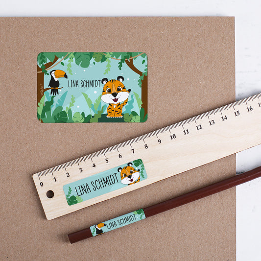 Schulaufkleber im Dschungel-Design mit Tiger & Tukan und Wunschname