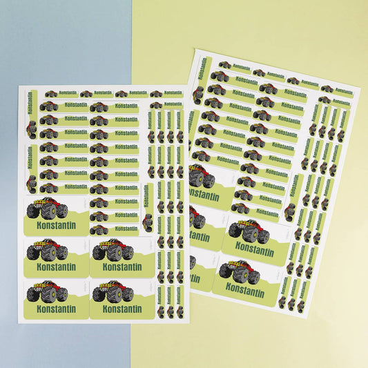 Schulaufkleber mit dem Namen und Monstertruck