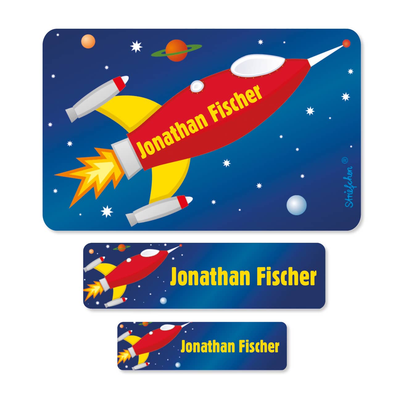 Namensaufkleber mit Rakete im Set