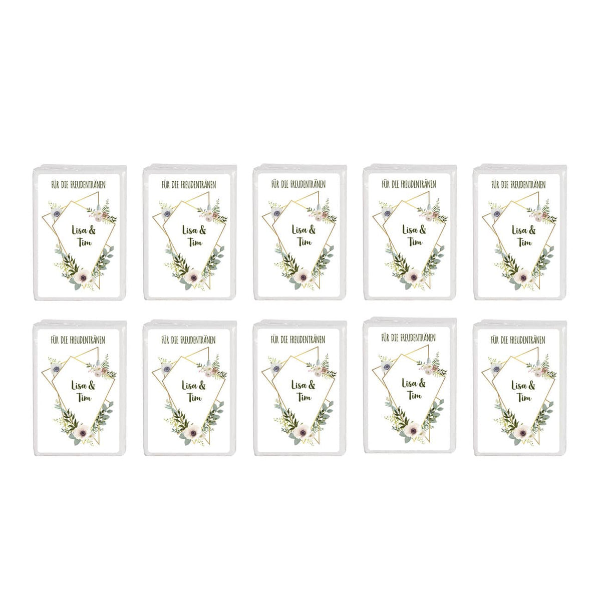Freudentränen-Taschentücher zur Hochzeit mit Blüten in Aquarell-Optik und Namen 10er Set