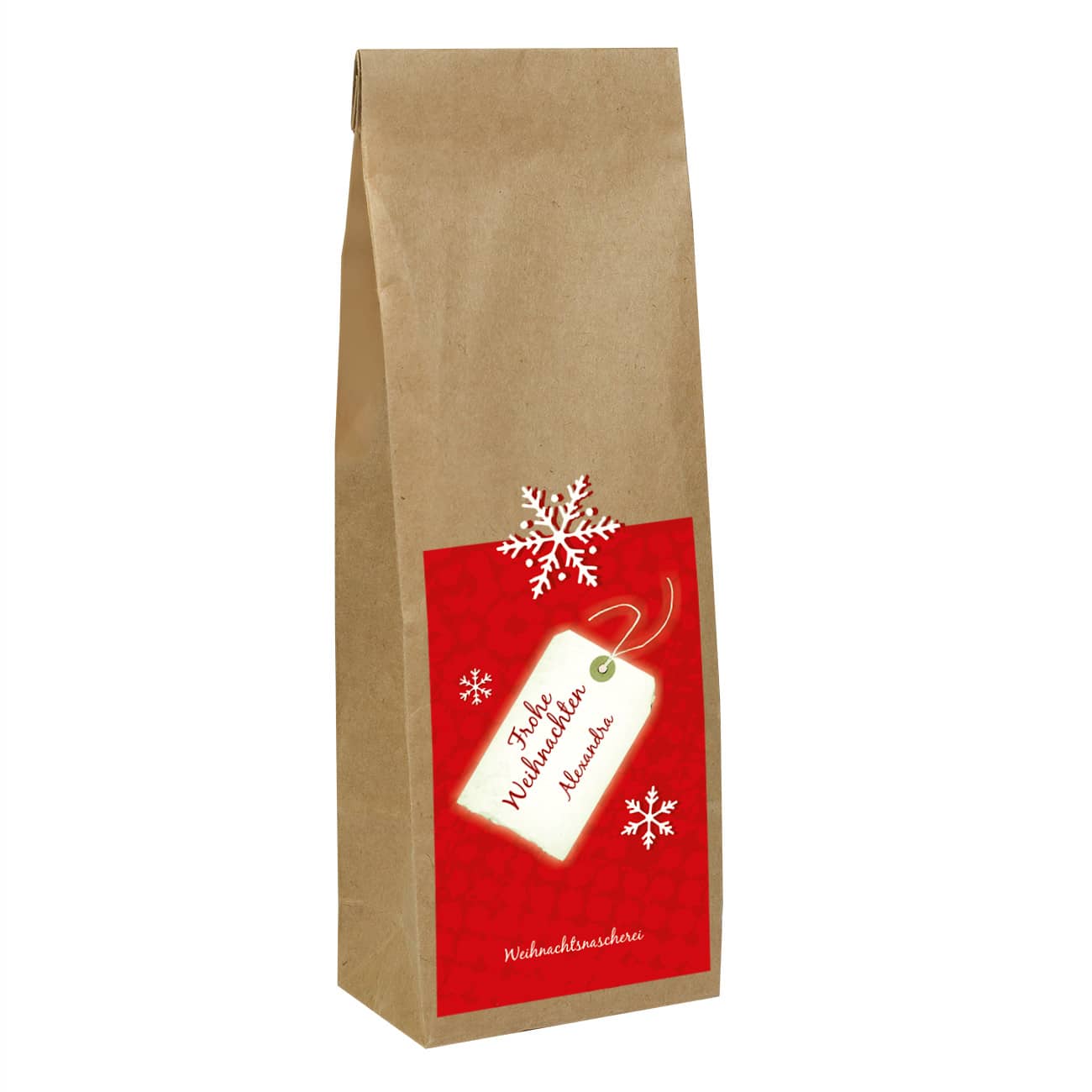 Tee zu Weihnachten mit Schneeflocken Etikett und Name bedruckt