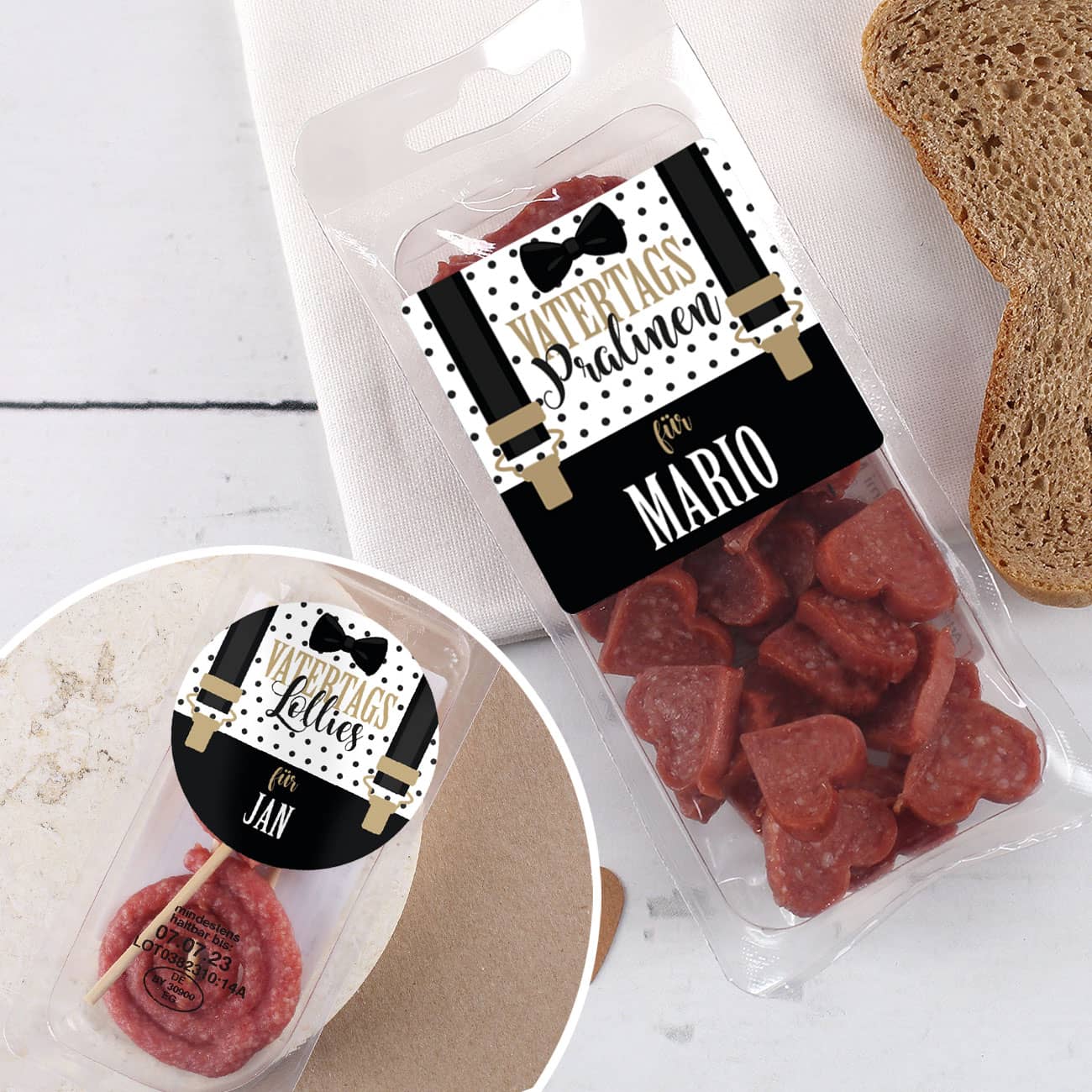 Tolle Geschenkidee zum Vatertag - Salami Herzen oder Salamilollies mit Name