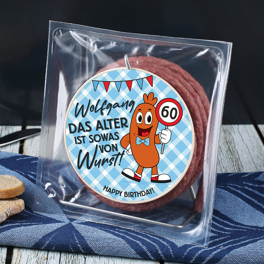 Das Alter ist Wurst! - Salami Kabeltrommel mit personalisiertem Etikett