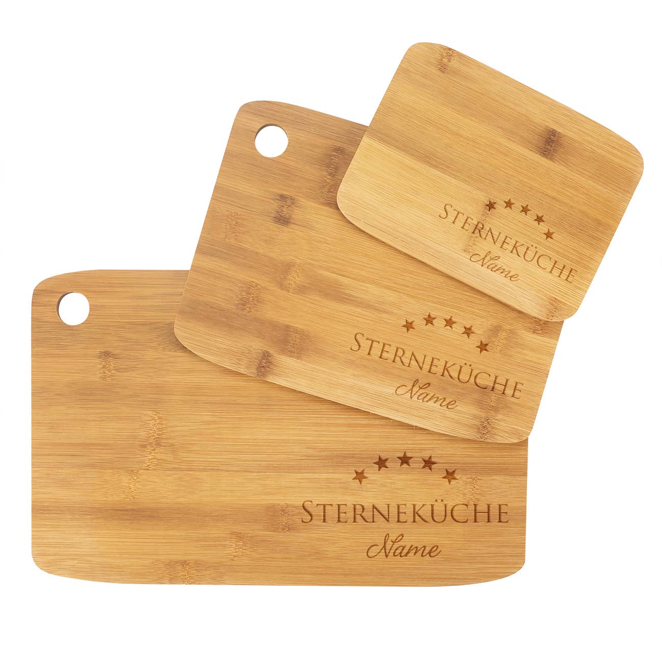 Drei Holzbrettchen aus Bambus im Set mit persönlicher Gravur