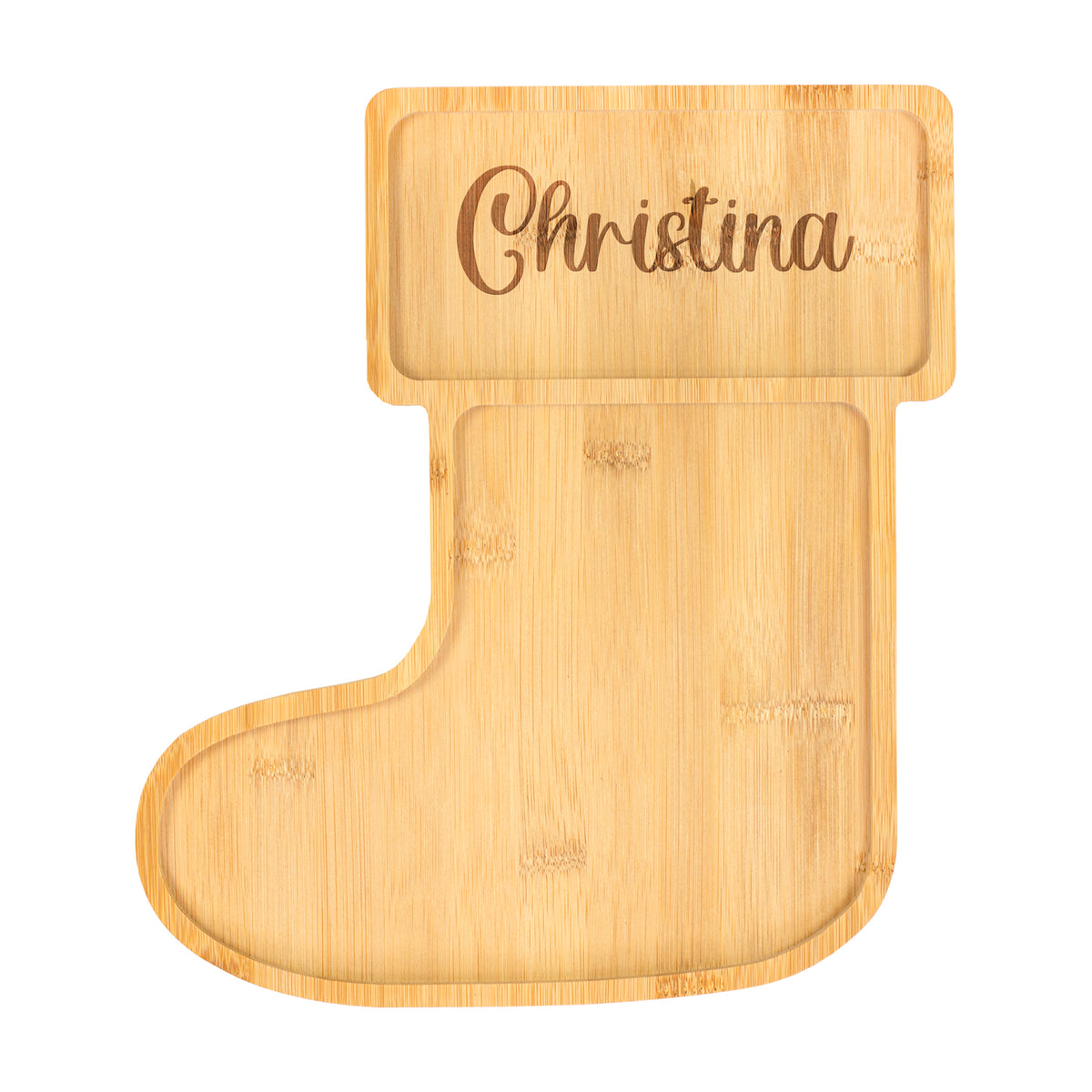 Freigestelltes Bambus Servierbrett in Weihnachtsstiefel- bzw. Sockenform mit graviertem Namen Christina