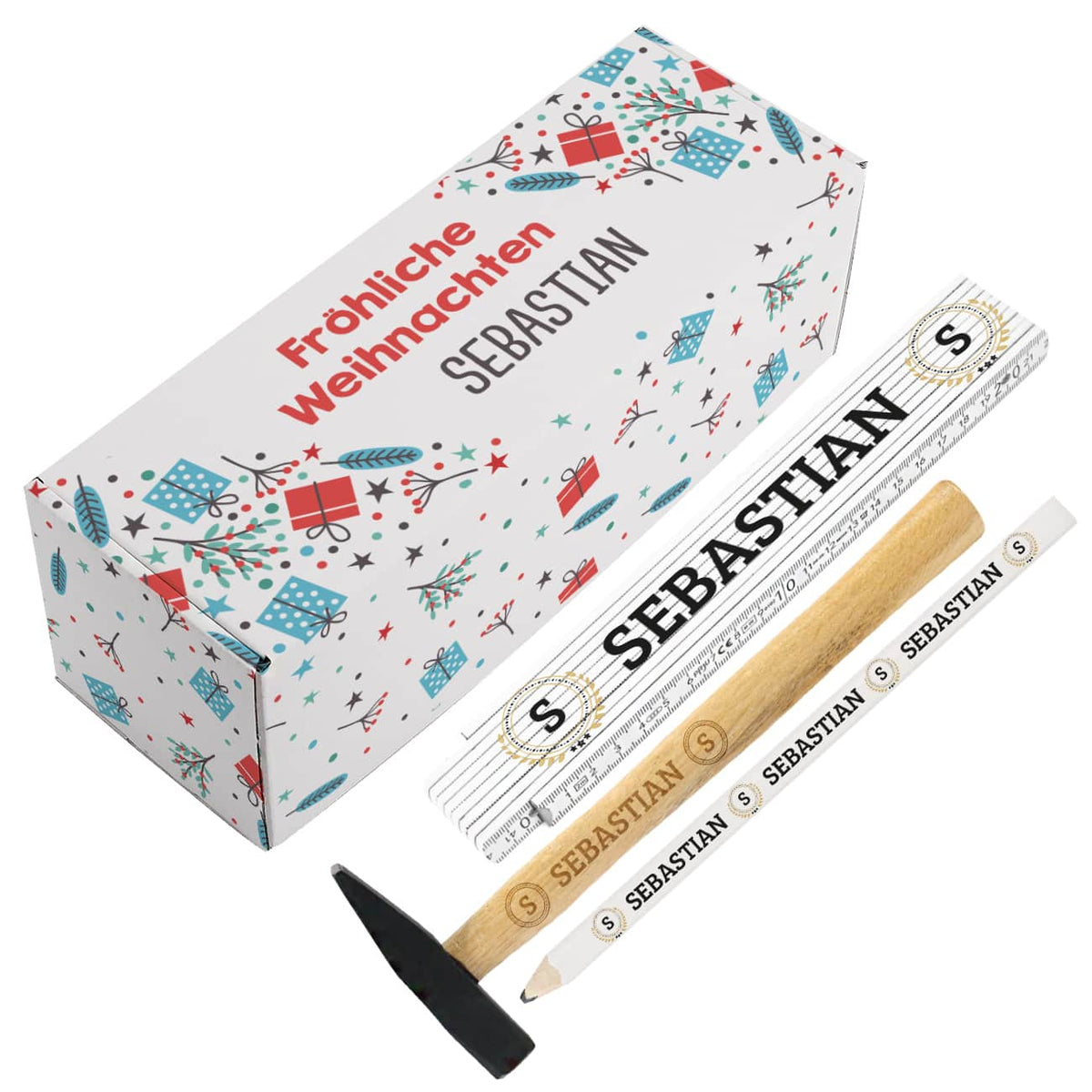 Personalisiertes Set bestehend aus Box, Zollstock, Hammer und Bleistift