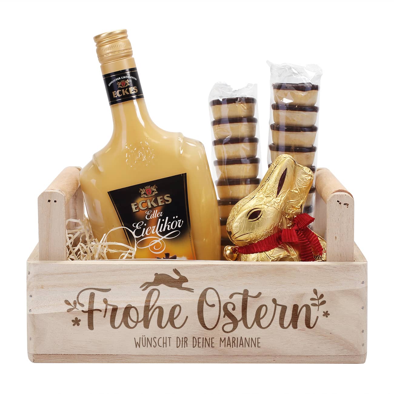 Geschenkset zu Ostern mit Eierlikör, Waffelbecher und Lindt Osterhase