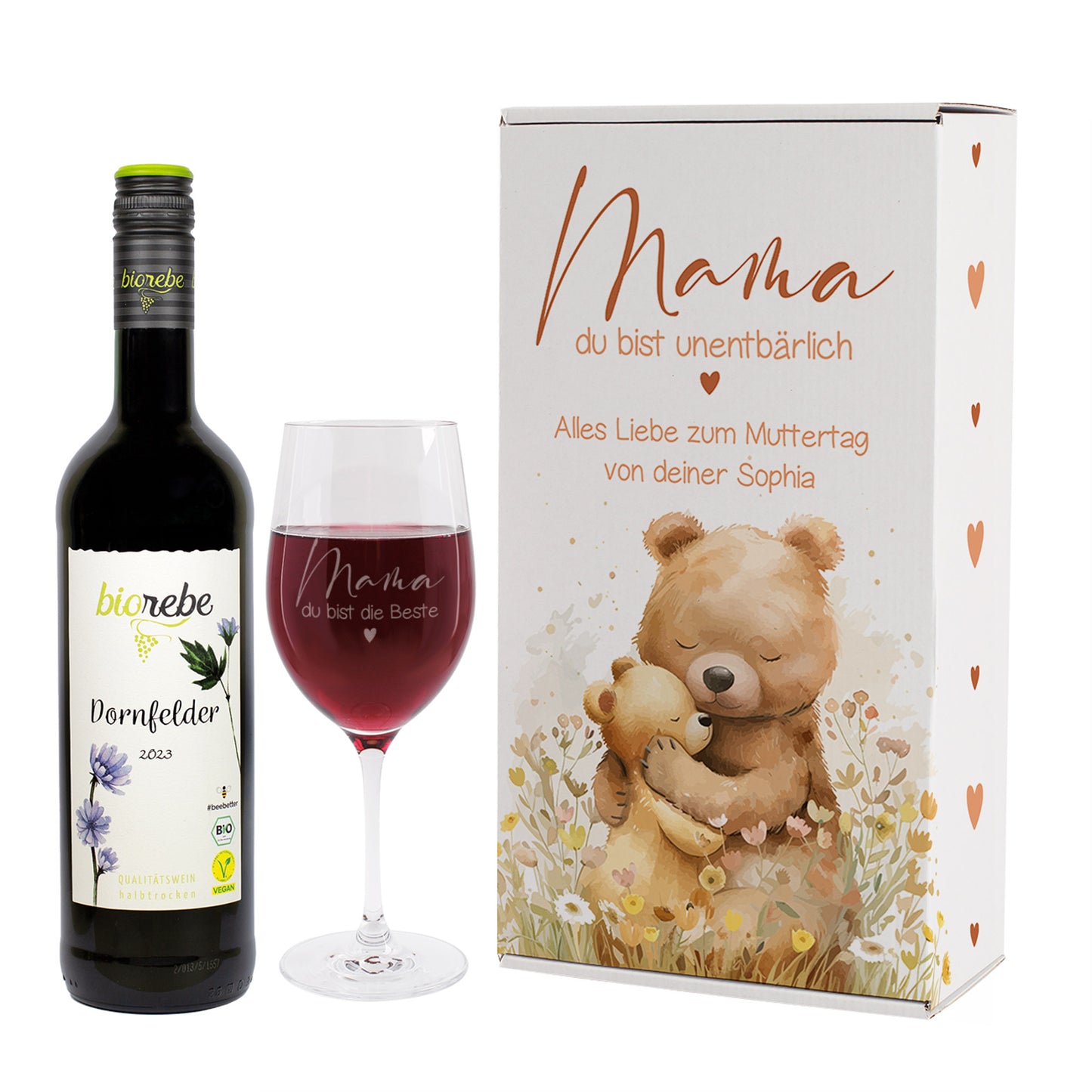 Set aus Biorebe Dornfelder, graviertem Glas „Mama du bist die Beste“ und Geschenkbox mit Bären-Illustration und Text „Mama du bist unentbärlich – Alles Liebe zum Muttertag“