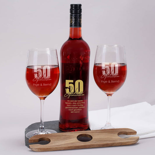 50 Jahre gemeinsam - Geschenkset zur goldenen Hochzeit mit Wein nach Wahl, Wunschnamen und Text