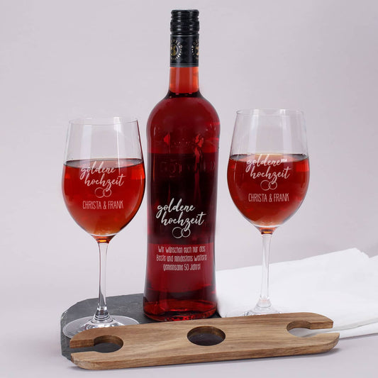Goldene Hochzeit - Graviertes Geschenkset mit Weinflasche, Weingläsern und Weinbutler