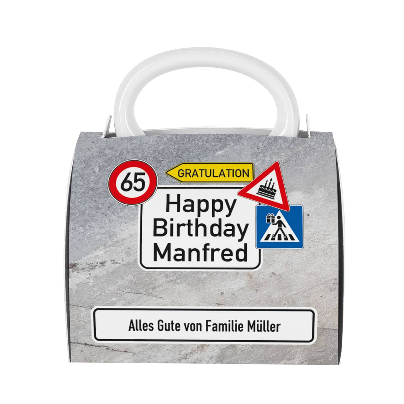 Tasse zum Geburtstag in persönlich bedruckter Tassentasche
