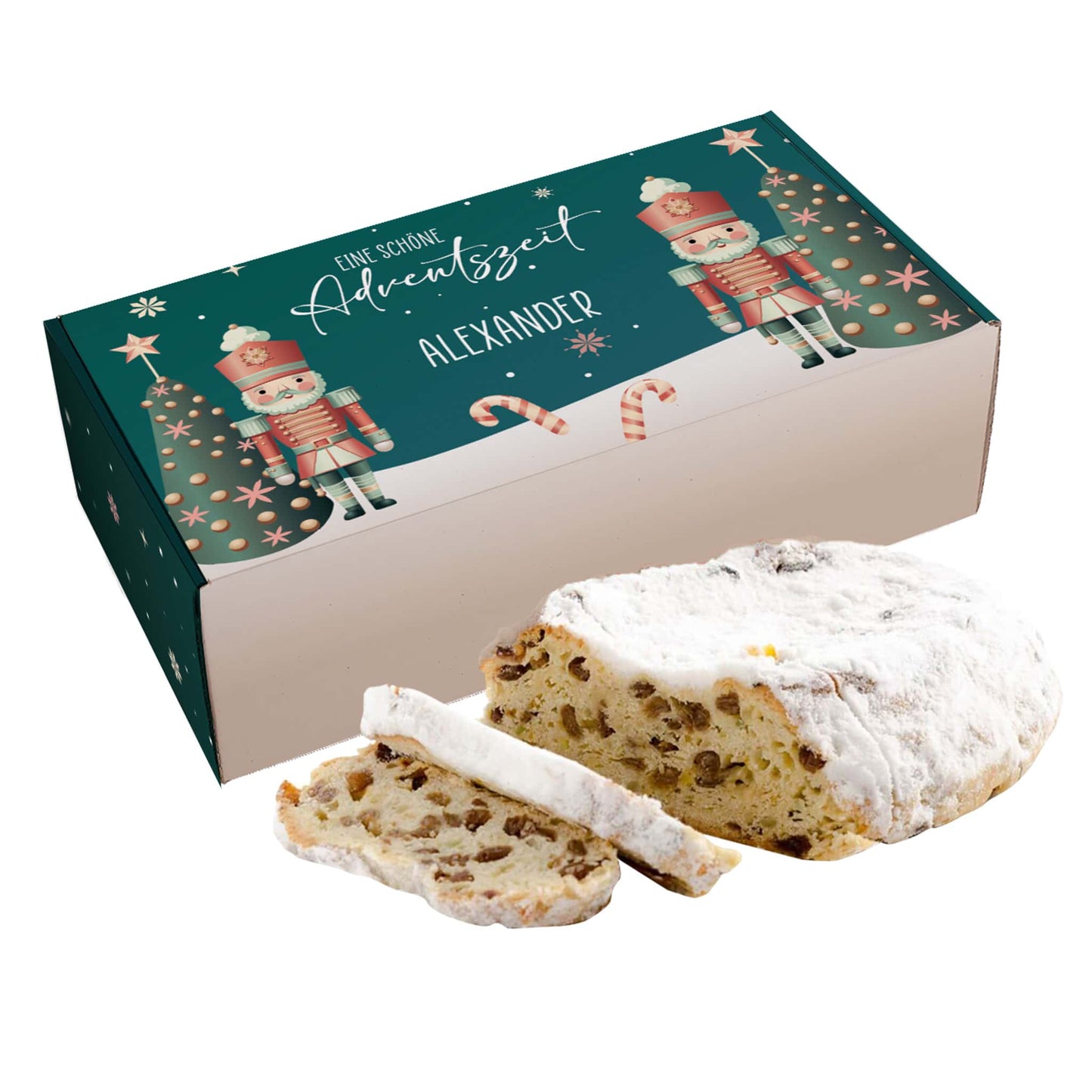 Weihnachtsstollen mit personalisierter Verpackung im Nussknacker Motiv