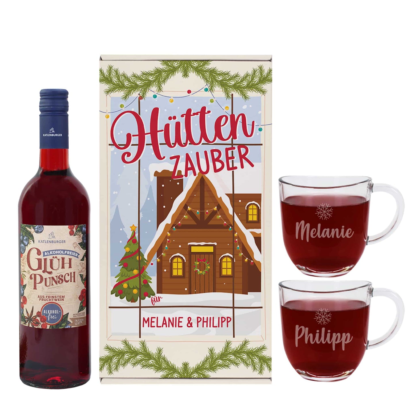 Hüttenzauber - Geschenkset mit Glühwein oder Glühpunsch, zwei Gläsern und Box