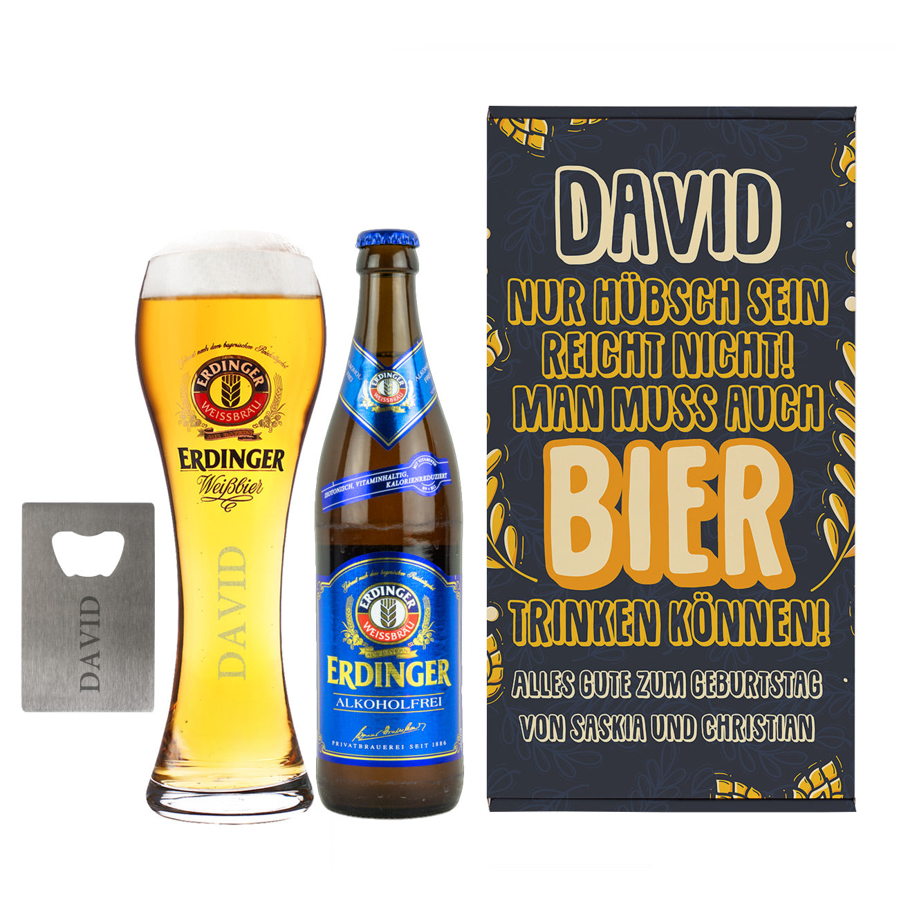 Bier Geschenkset mit Weißbier, Glas und Flaschenöffner in Geschenkbox