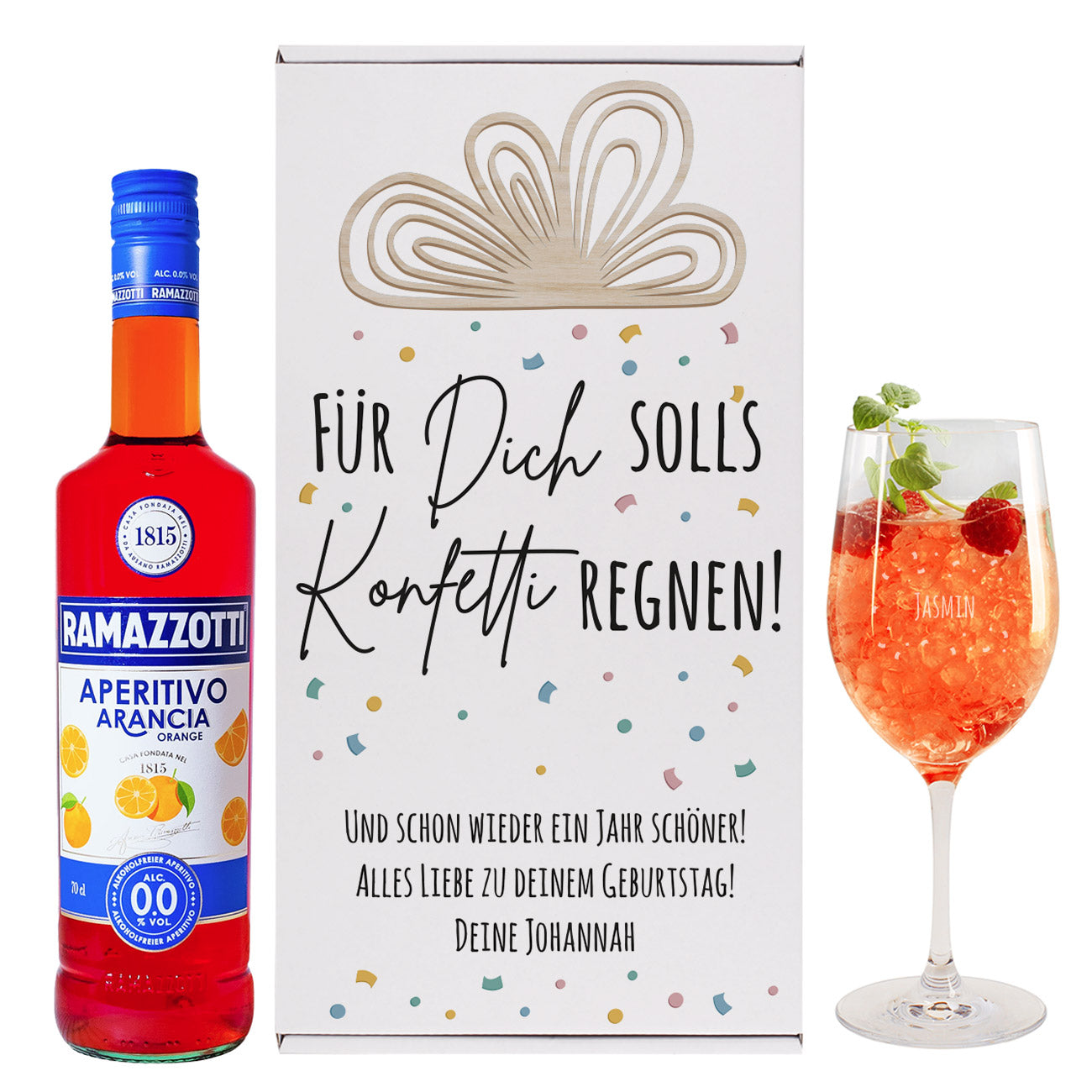 Für Dich solls Konfetti regnen! - Geschenkset zum Geburtstag mit Weinglas und Aperol