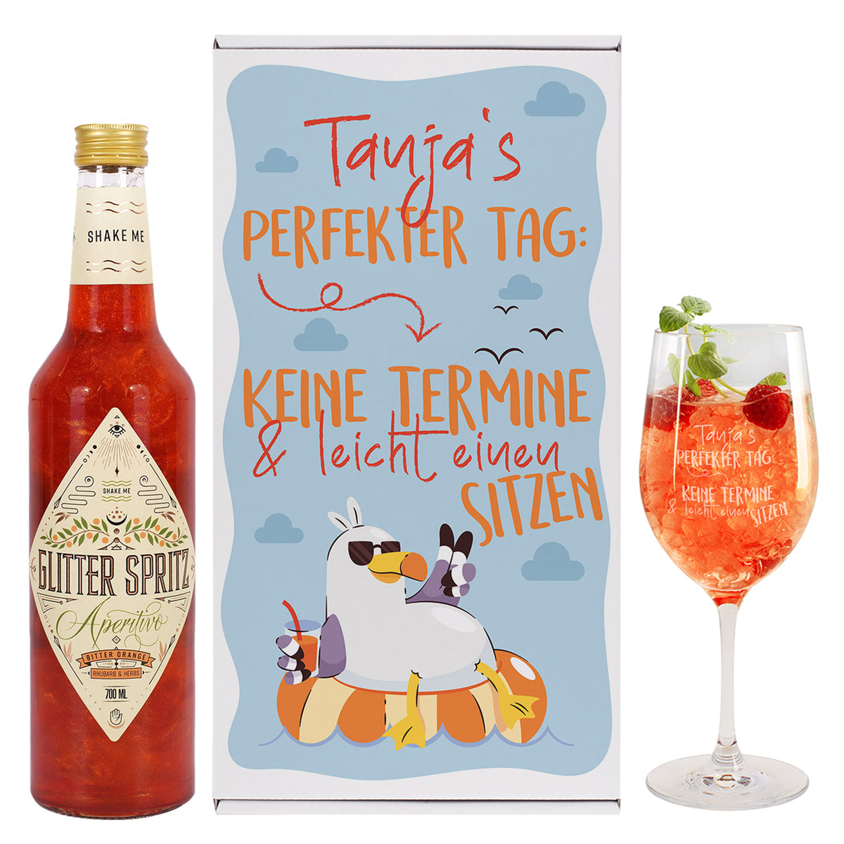 Freigestelltes Produktbild: Set mit Glitter Spritz auf weißem Untergrund mit Fokus auf Druckdetails
