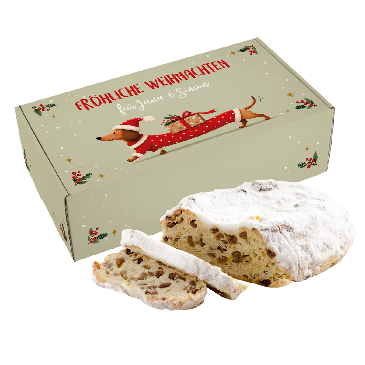 Rosinenstollen mit zwei Scheiben vor personalisierter Weihnachts Geschenkbox mit Dackel Motiv