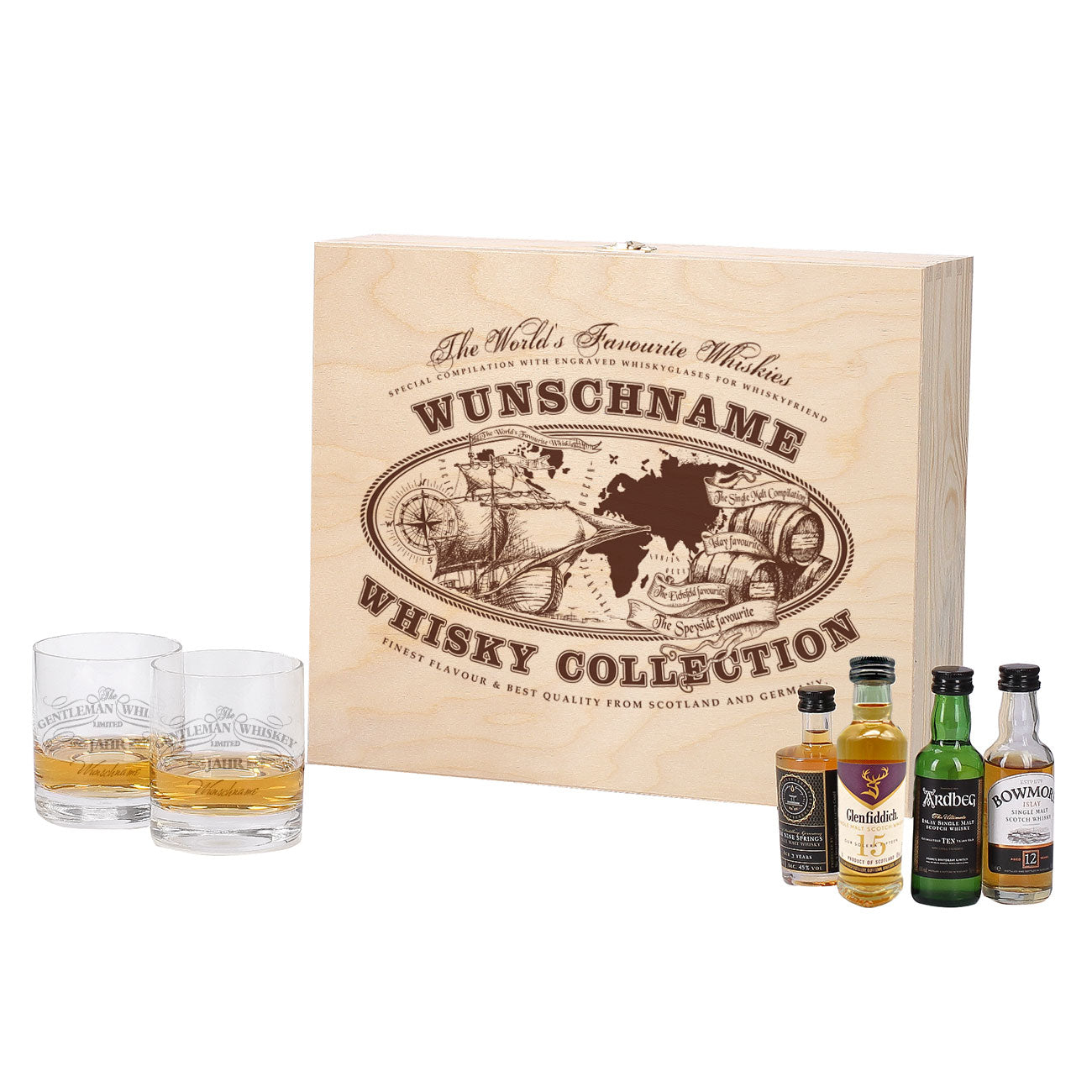 Worlds Favourite Whiskies Geschenkset mit gravierten Gläsern und bedruckter Holzkiste