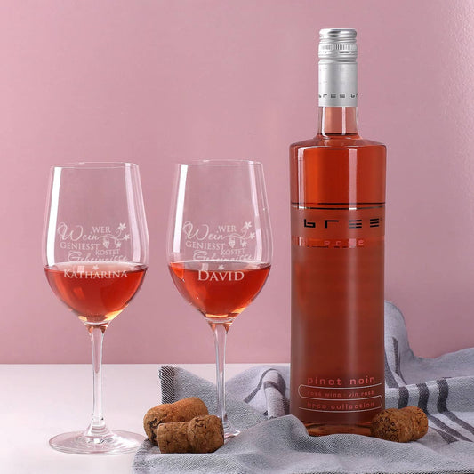 Gravierte Weingläser und BREE Weinflasche
