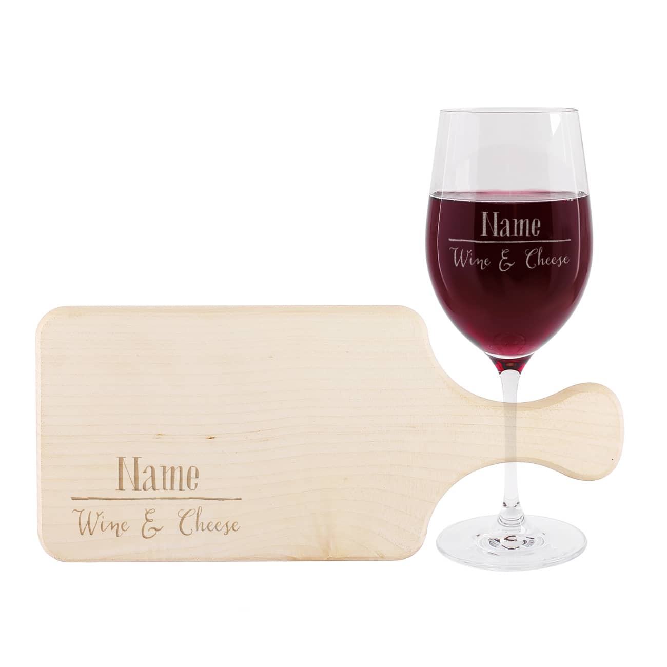 Weinglas und Holzbrett graviert mit Wine & Cheese und Name
