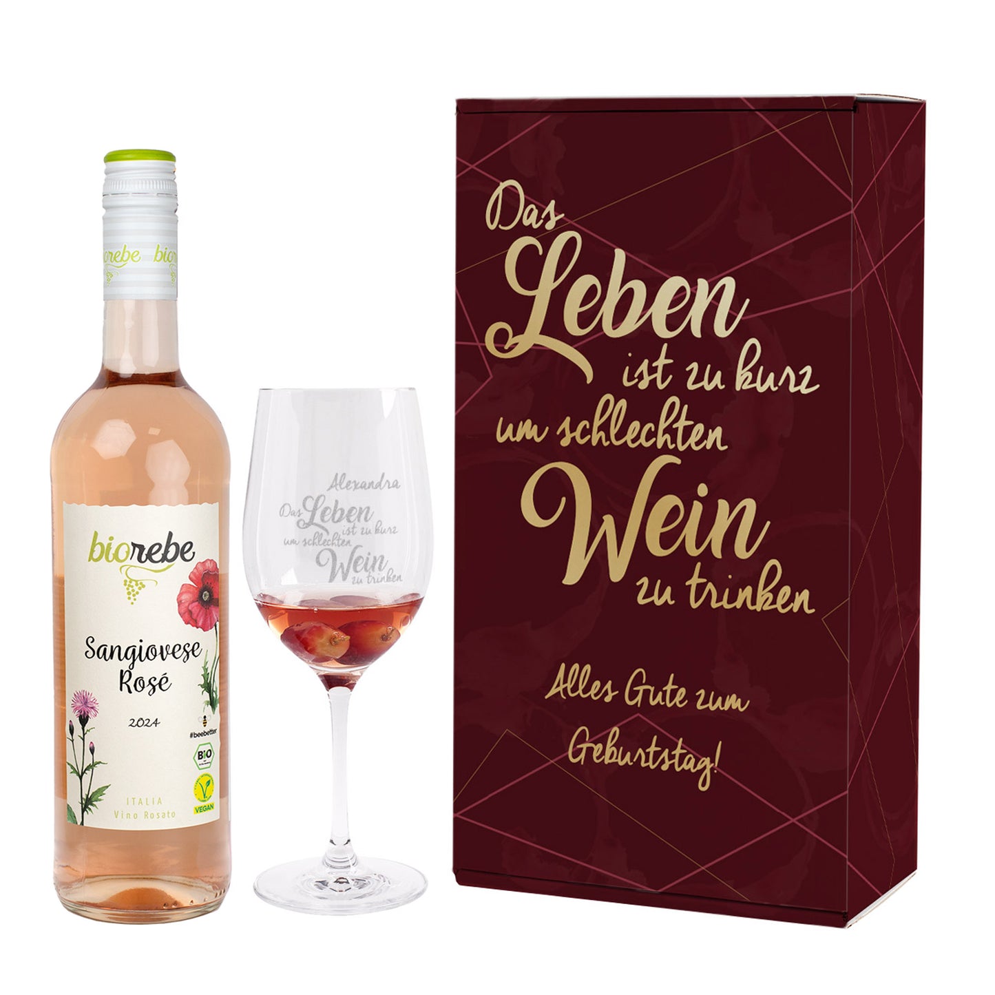 Geschenkset mit Biorebe Sangiovese Rosé, personalisiertem Weinglas mit Gravur und weinroter Geschenkbox mit Spruch „Das Leben ist zu kurz, um schlechten Wein zu trinken“