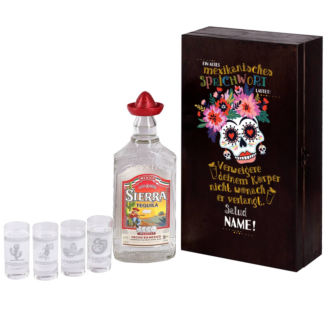 Dia de los Muertos Holzbox bedruckt mit mexikanischem Sprichwort und buntem Schädel mit 4 gravierten Tequilagläsern und einer Flasche Sierra Tequila