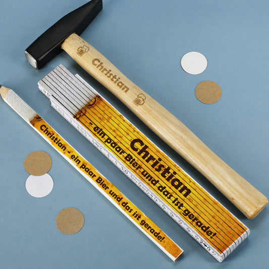 Hammer, Zollstock und Bleistift mit Name personalisiert