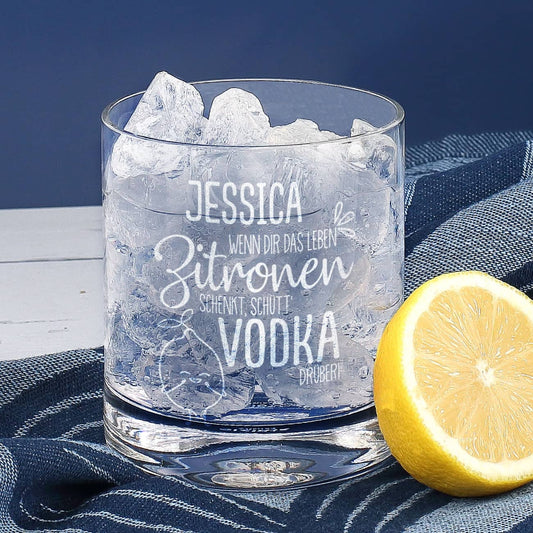 Vodka Lemon Geschenk-Set mit graviertem Glas und 1 kleine Flasche Absolut Vodka